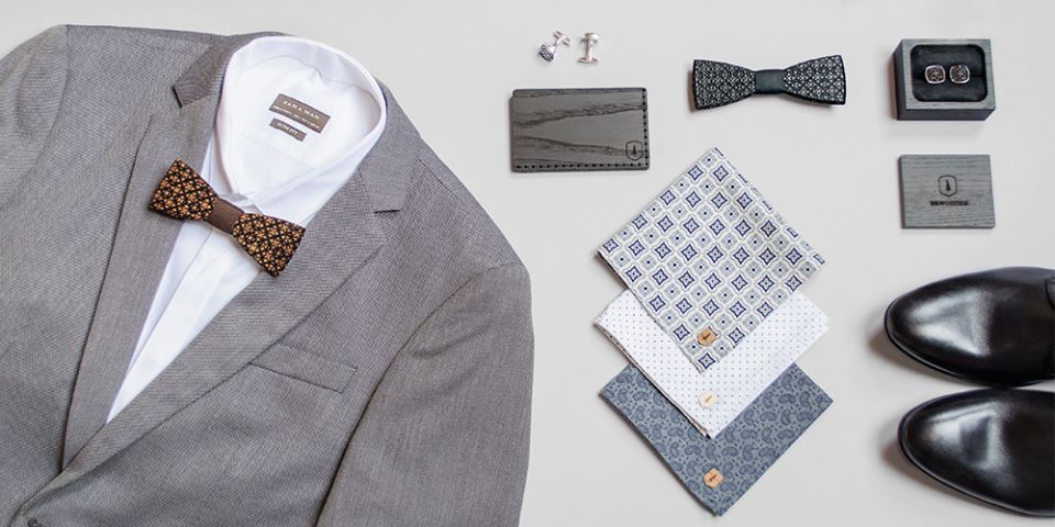 BeWooden - koláž produktov vreckovy do saka Deco square Dots square vizitkar tenebra a drevený motýlik Taurum