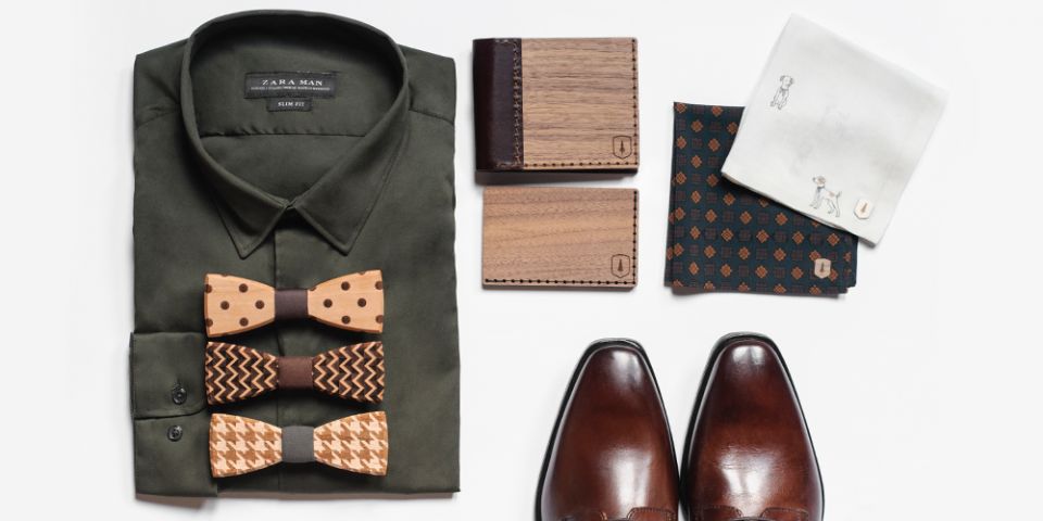 BeWooden - koláž produktov vreckova do saka Doggy square vizitkar penazenka a drevené motýliky Dolo Trio Lynx