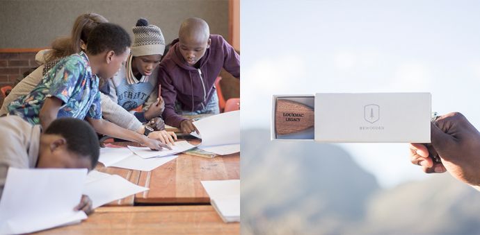 Koláž fotografií z charitatívnej kampane Made by Africa s drevenými doplnkami z mahagónového dreva