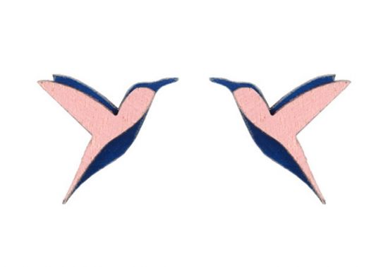 Drevené náušnice Pink Hummingbird Earrings