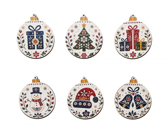 Drevené vianočné gule s folklórnymi motívmi – sada 6 ks
